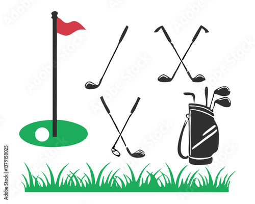 Golf Vector Illustration Set – Isometric and Silhouette Golfers, Clubs, Golf Carts, and Course Elements for Sports and Recreation Designs.