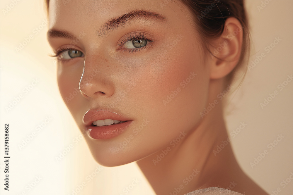 Naklejka premium European Female Model with Natural Makeup on Beige Backdrop for Skincare