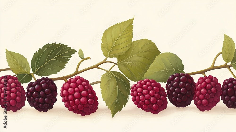 Raspberries on a branch, surrounded by leaves against a white backdrop with space for text or inserting an image Raspberries on a branch, surrounded by leaves against a white backdrop with space for text or inserting an image