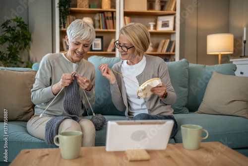 Vászonkép Senior women knitting and embroidering together at home with video tutorial