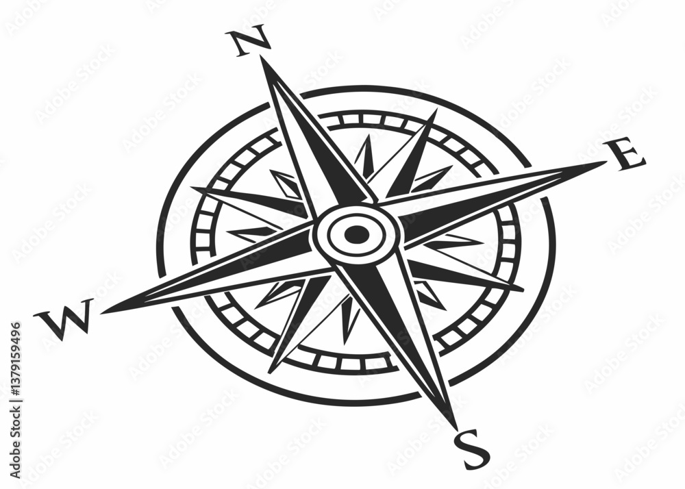 Detailed compass rose navigation symbol vector black and white illustration for travel and maps
Detailed compass rose navigation symbol vector black and white illustration for travel and maps