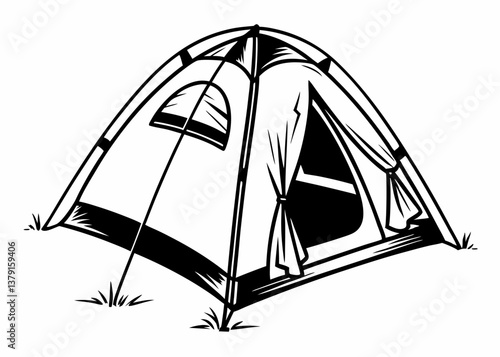 Camping tent with open door black and white vector drawing outdoor shelter illustration

