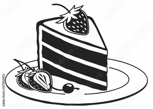 Strawberry cake slice on plate black and white vector dessert illustration with fruit topping

