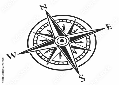 Detailed compass rose navigation symbol vector black and white illustration for travel and maps

