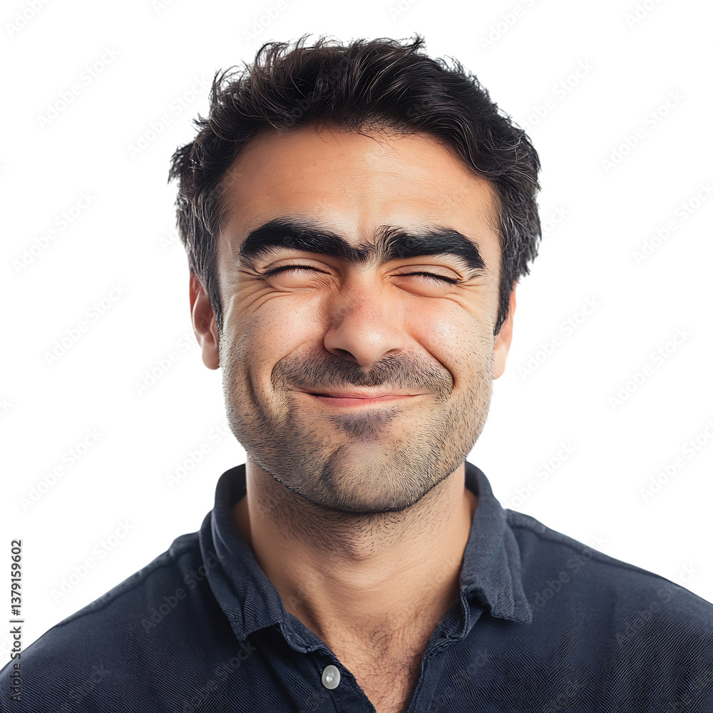 Fototapeta premium A Man with a Smug Expression One Eyebrow Raised and Beard Wearing a Blue Shirt Isolated on Transparent Background