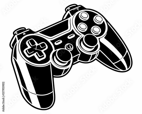 Modern video game controller vector illustration in black and white with detailed buttons


