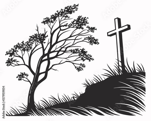 Christian cross on hill under tree silhouette black and white memorial vector landscape drawing

