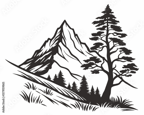 Mountain and pine forest landscape vector illustration black and white silhouette style design

