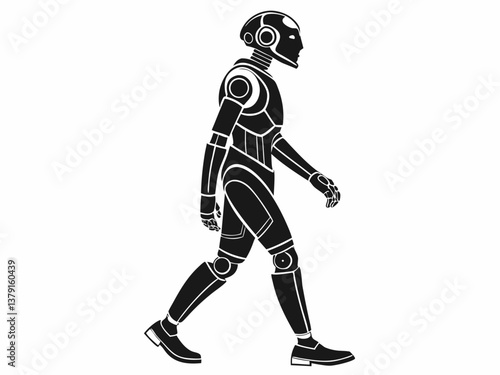 Classic humanoid android robot walking side view vector drawing in black and white


