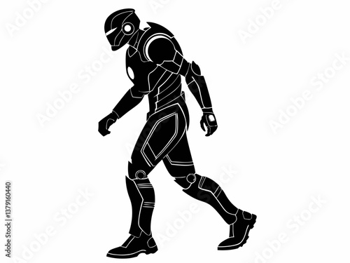 Futuristic armored robot character walking vector black and white silhouette illustration

