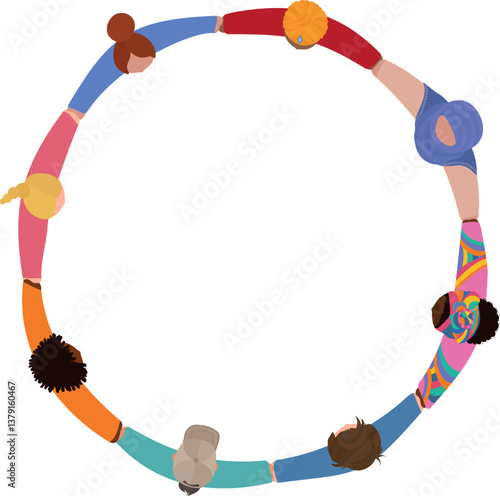 Chain of group of isolated people in a circle from diverse cultures holding hands. Cooperation and teamwork.Community of friends or volunteers. Partnership. Multiethnic people. Top view