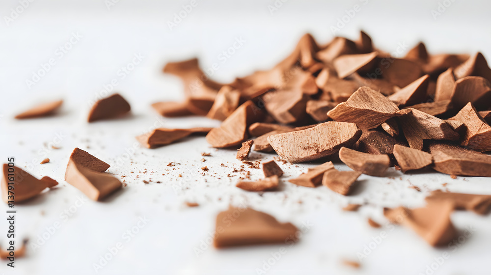 Fototapeta premium Whole sandalwood chips scattered across a white background, showcasing their warm orange-brown tones and rustic charm in a minimalist setting.