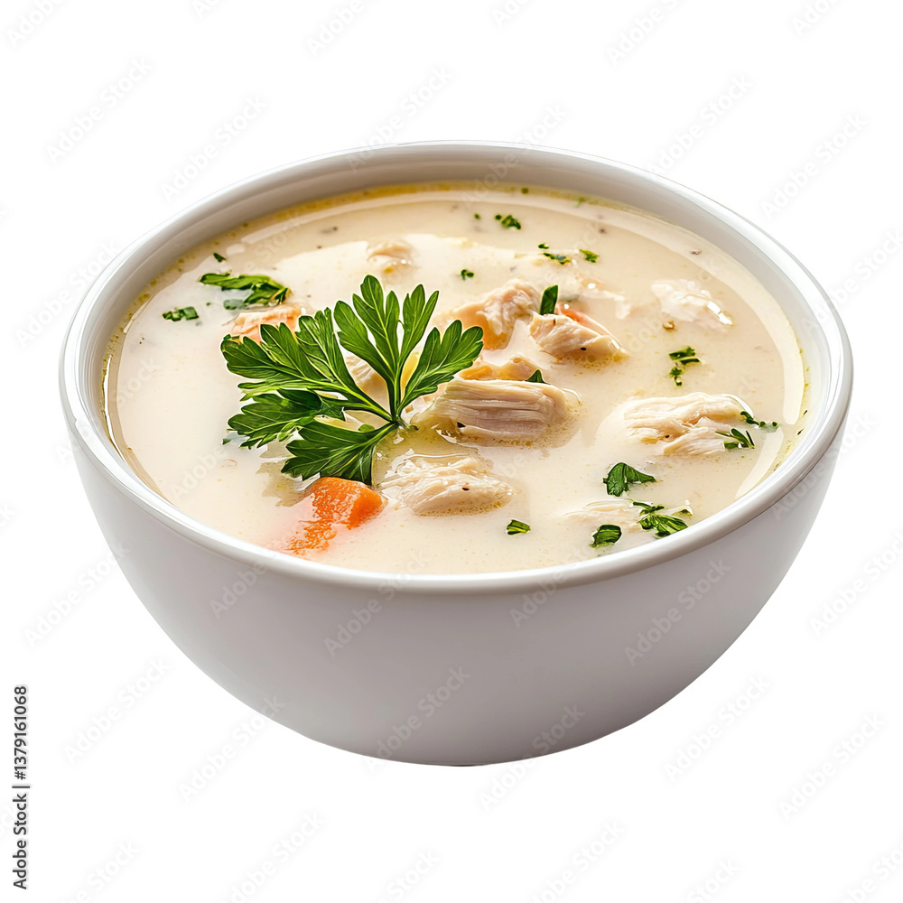 creamy chicken soup in a white bowl, side perspective with fresh herbs
creamy chicken soup in a white bowl, side perspective with fresh herbs