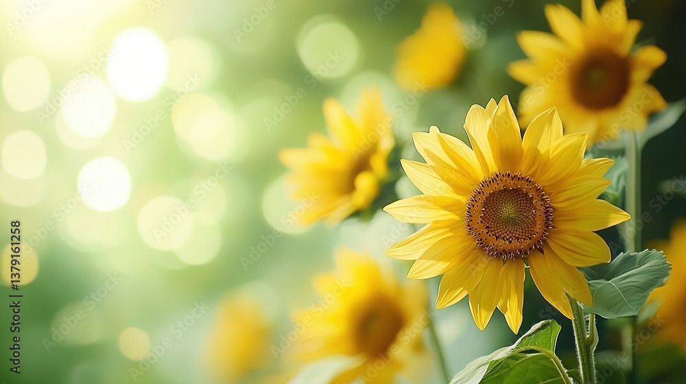 Naklejka premium A close-up of a group of sunflowers in a field with the sun shining through the hazy background