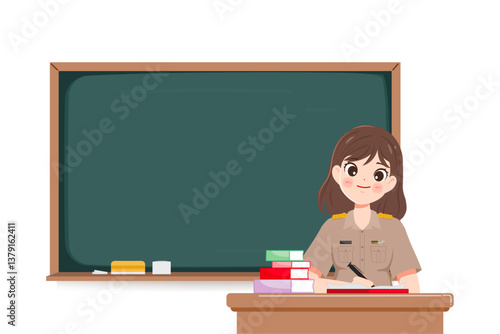 Cute cartoon thai teacher woman teaching at blackboard in the classroom background. premium vector.	