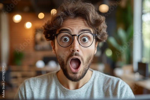 Shocked professional expressing surprise in office after career achievement