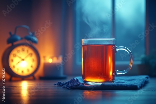 Obraz na płótnie Steaming lavender tea in glass mug on dark nightstand with glowing analog alarm clock w salonie