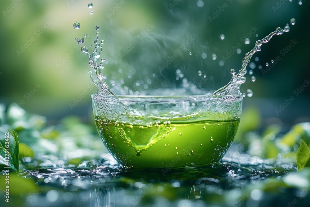 Water droplet falling into matcha tea in clear glass