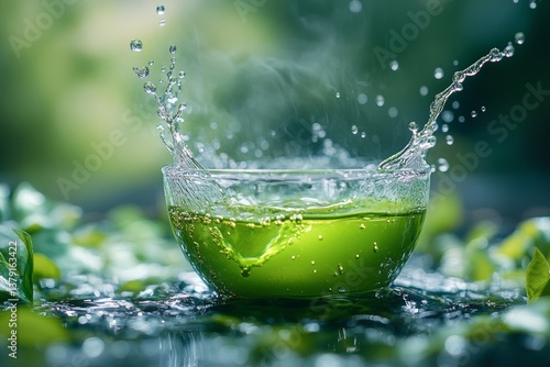 Obraz na płótnie Water droplet falling into matcha tea in clear glass w salonie
