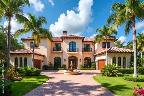 Luxury Florida Mansion: Palm Trees, Garden, Wealthy Real Estate Investment
