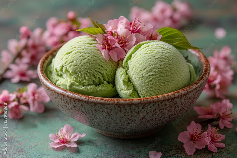 Matcha ice cream in ceramic bowl with sakura blossom garnish
