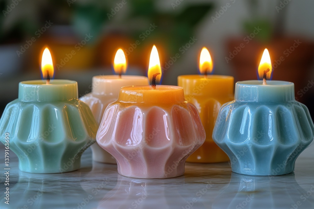 Geometric pastel colored candles on marble surface