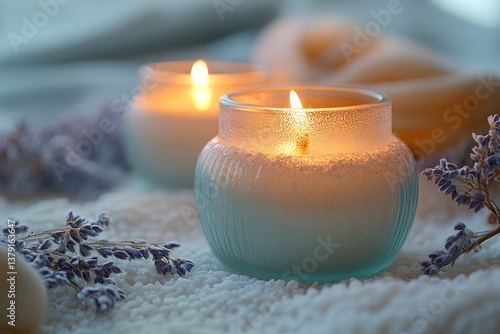 Obraz na płótnie Frosted glass candle holders with sea salt w salonie
