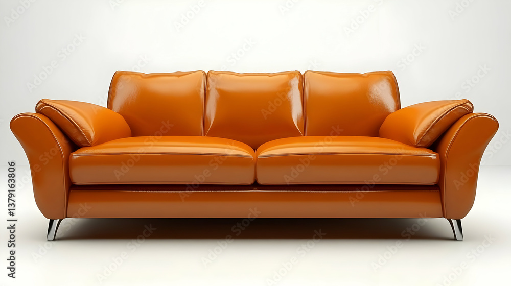 Fototapeta premium Elegant Orange Leather Sofa with Chrome Legs and Shiny Surface in White Background Furniture for Modern Living Room and Interior Design