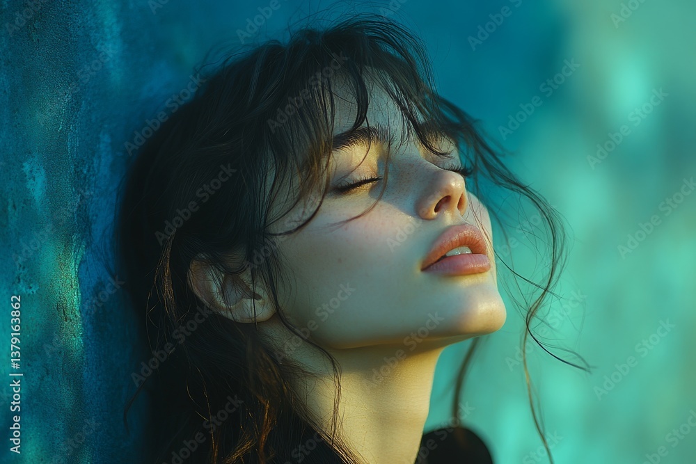 Woman's face expressing ecstasy with head tilted back against blue background