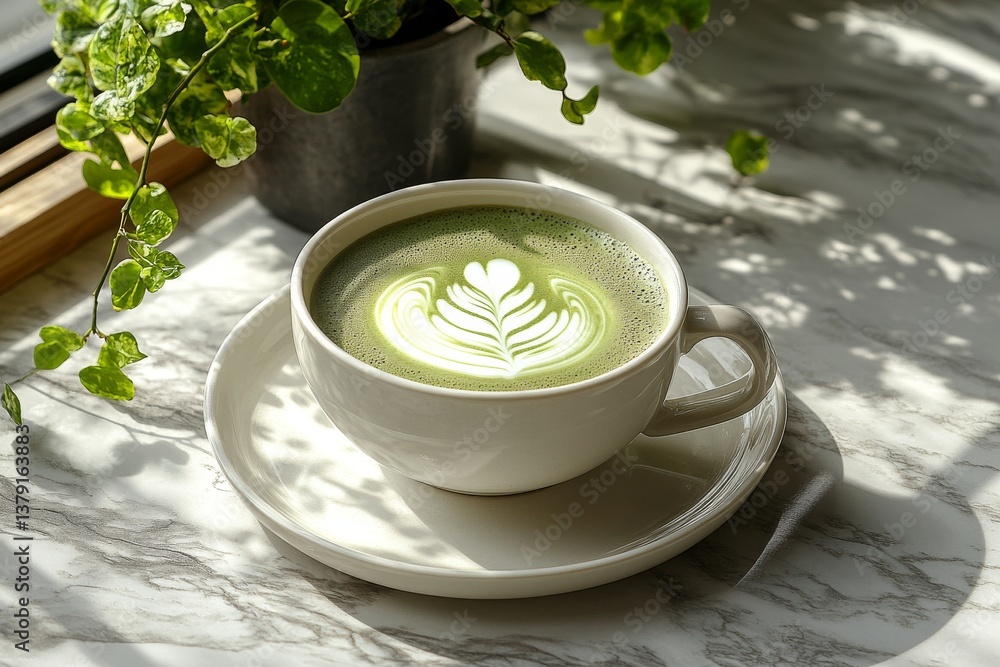 Matcha latte art in white ceramic cup on marble countertop with morning light