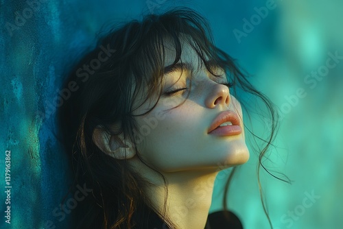 Obraz na płótnie Woman's face expressing ecstasy with head tilted back against blue background w salonie