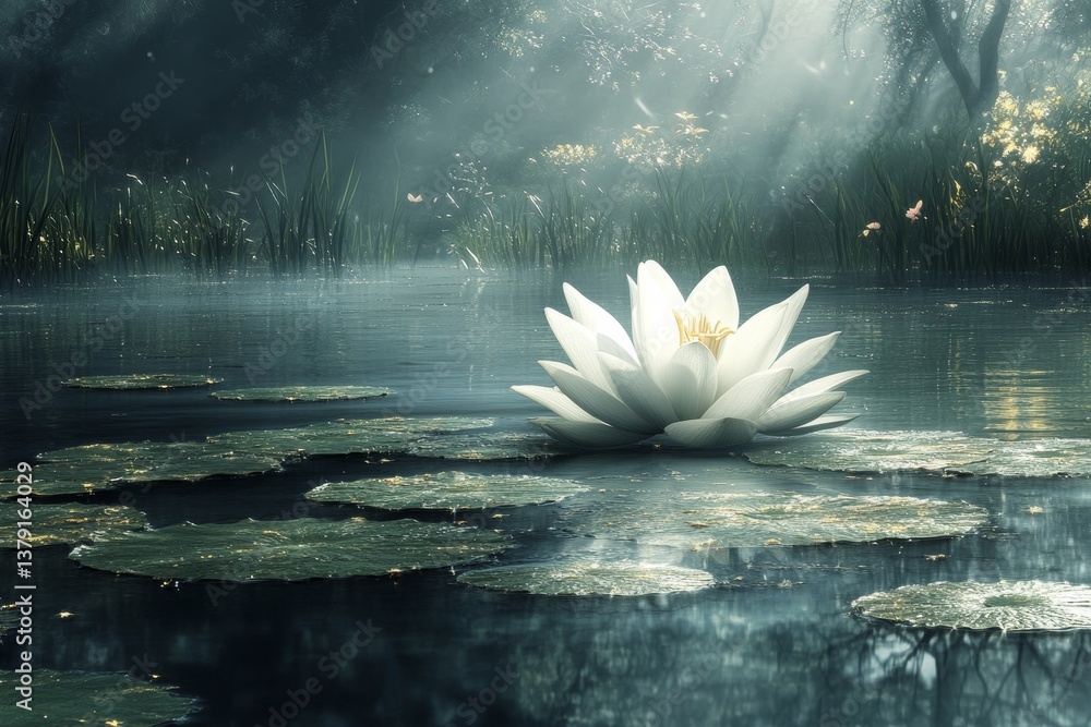 White lotus flower floating on still water amid morning mist in zen garden