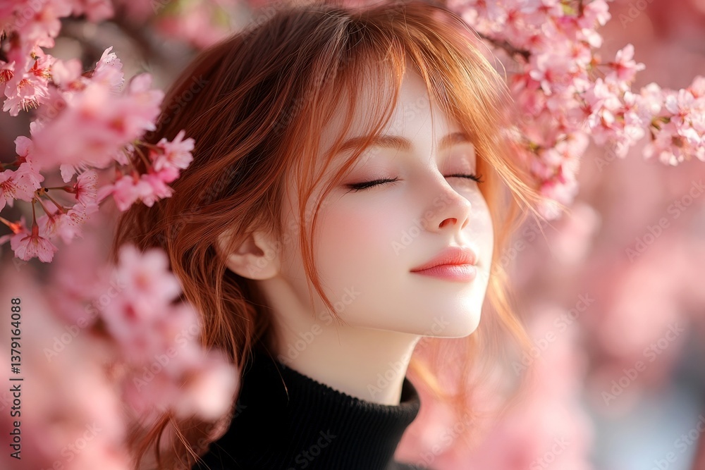 Fototapeta premium Spring mood, dark night and warm mystic light - complementary lighting. Commercial advertising creative. Pretty caucasian young woman surrounded by cherry blossoms. Bright woman in floral park.