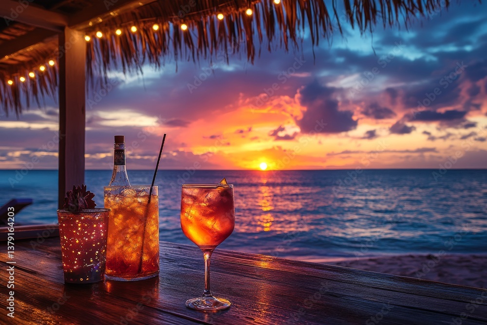 Outdoor bar table with cocktails and string lights at sunset