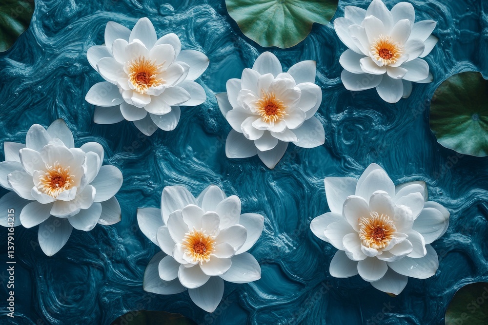 Overhead view of white lotus flowers scattered across blue pond surface