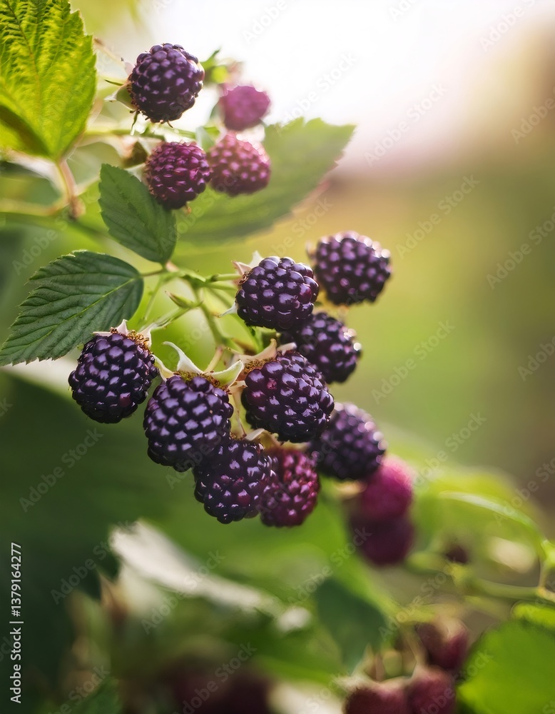 Ripe blackberries clustered on bramble branch, sunlight illuminating dark berries with rich color and natural glow, showcasing summer harvest details Ripe blackberries clustered on bramble branch, sunlight illuminating dark berries with rich color and natural glow, showcasing summer harvest details