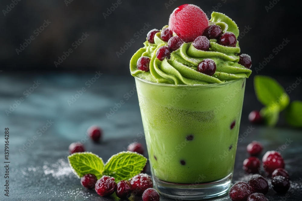 Matcha ice cream parfait with red bean paste in clear glass