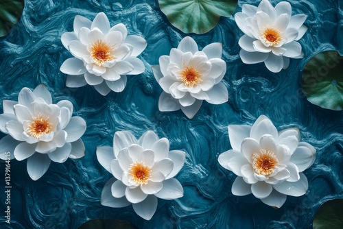 Obraz na płótnie Overhead view of white lotus flowers scattered across blue pond surface w salonie
