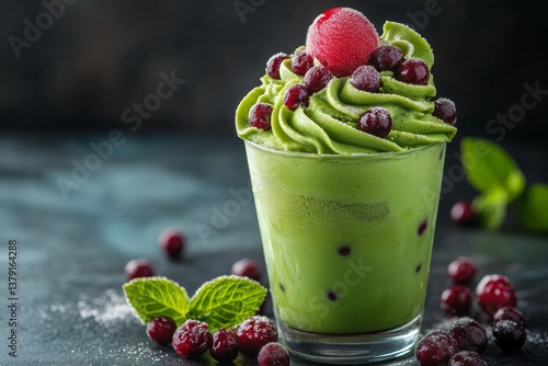 Obraz na płótnie Matcha ice cream parfait with red bean paste in clear glass w salonie