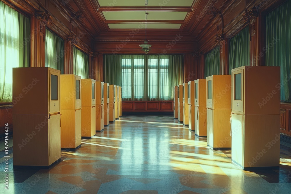 Row of voting booths in empty polling station