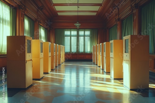 Obraz na płótnie Row of voting booths in empty polling station w salonie