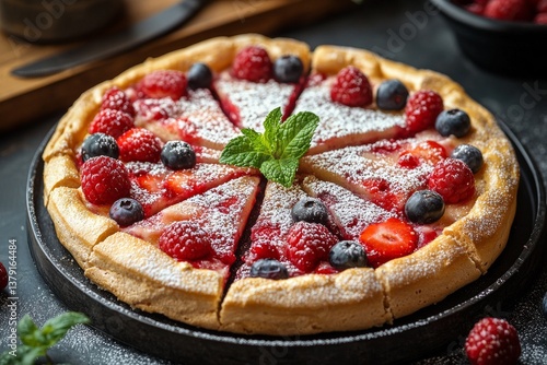 Sliced pavlova with fresh berries and mint leaves, dusted with powdered sugar