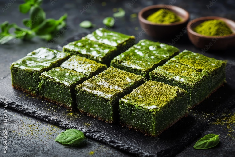 Matcha brownies cut into squares on black slate with matcha powder dusting