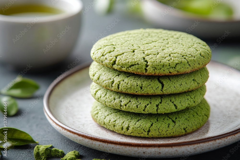 Matcha cookies stacked on white plate