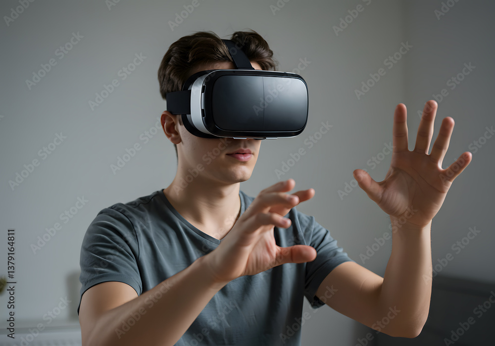 Immersive Exploration: A young person engages with virtual reality, hands reaching out, experiencing the digital world through a VR headset. Immersive Exploration: A young person engages with virtual reality, hands reaching out, experiencing the digital world through a VR headset.