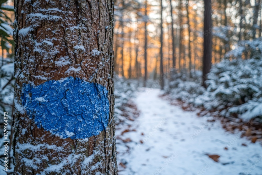 Blue painted trail blaze on tree trunk with snowy forest path extending into distance