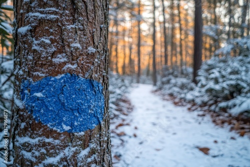 Obraz na płótnie Blue painted trail blaze on tree trunk with snowy forest path extending into distance w salonie