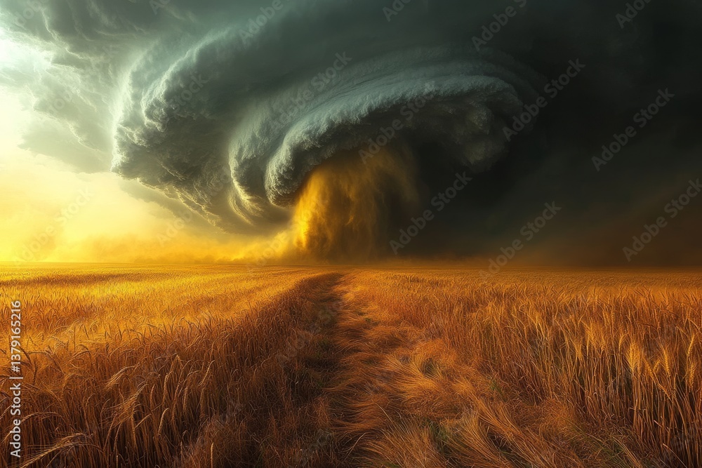 Fields of wheat bending under approaching supercell storm with tornado formation