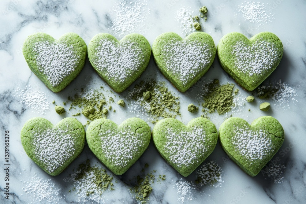 Heart-shaped matcha cookies dusted with powdered sugar on marble surface