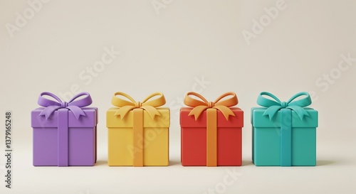 Colorful gift boxes arranged in a row on a neutral background  